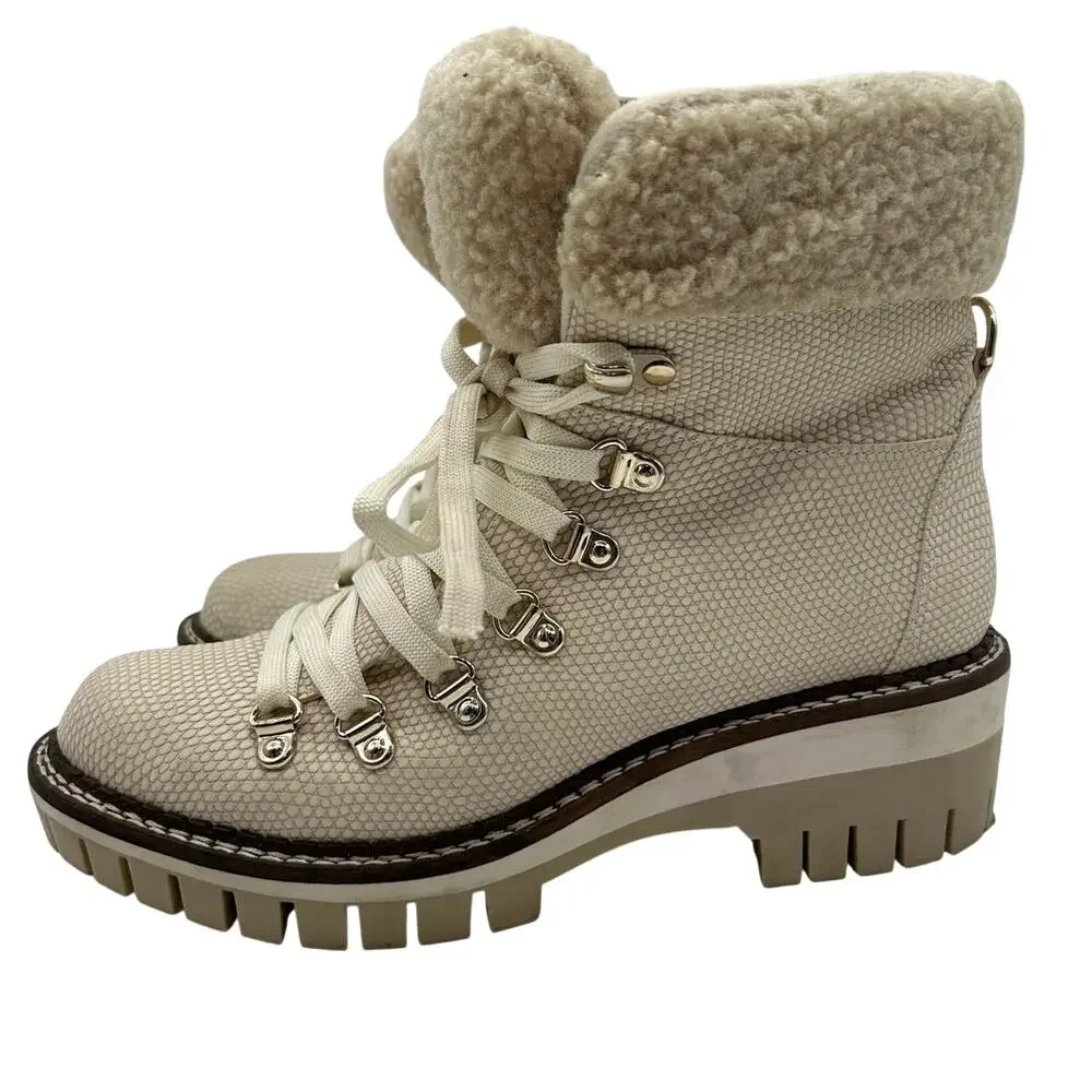 JLO Cream Faux Fur Snake Embossed Lace Up Hiker Boots SIZE 6 Winter Snow Outdoor